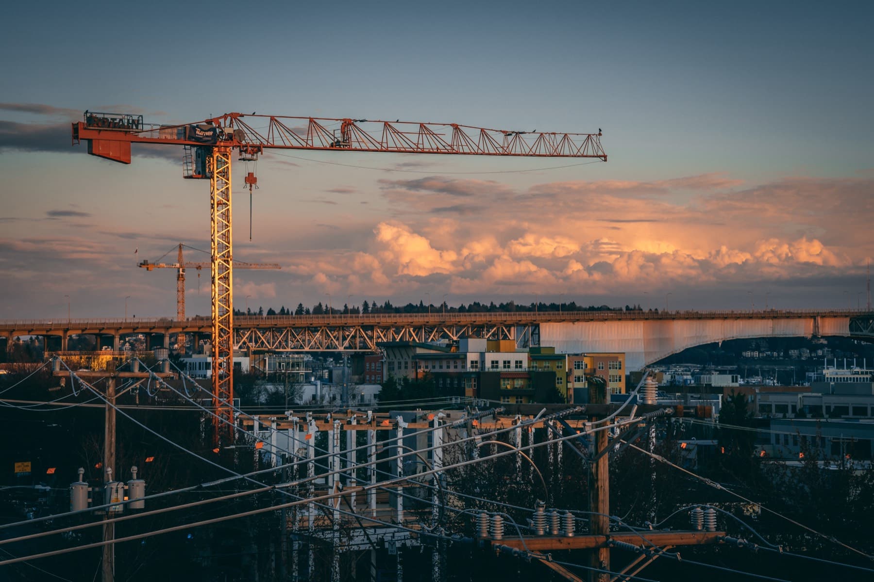 City skyline at sunset